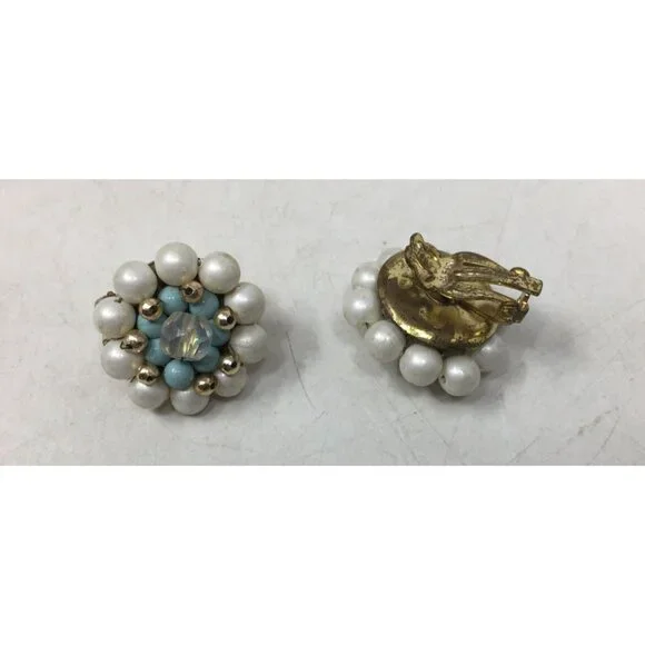 Vintage Women's White, Blue and Gold Tone Beaded Flower Shaped Clip on Earrings - Picture 2 of 5